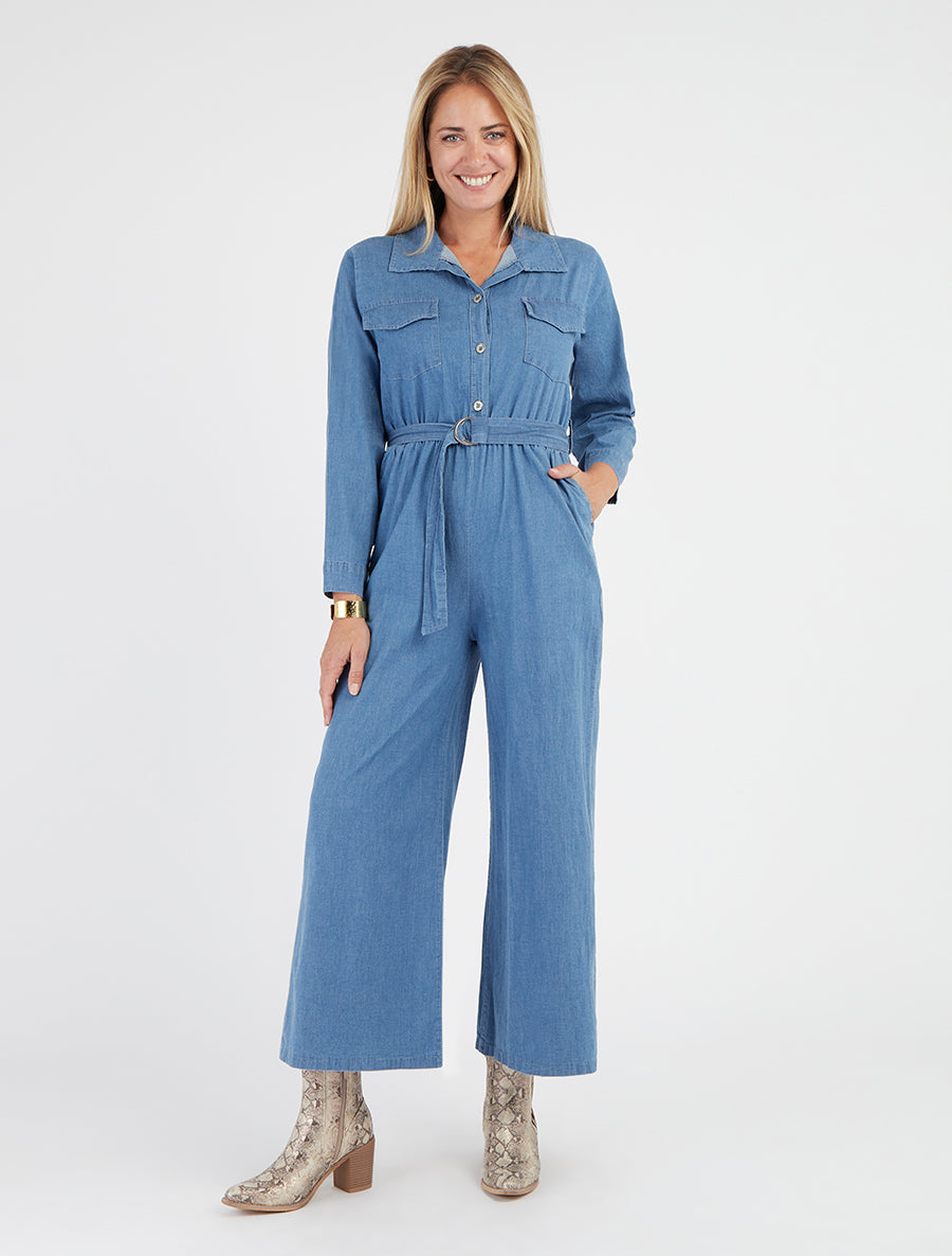 Tuta in denim con vita elasticizzata - Blu chiaro
