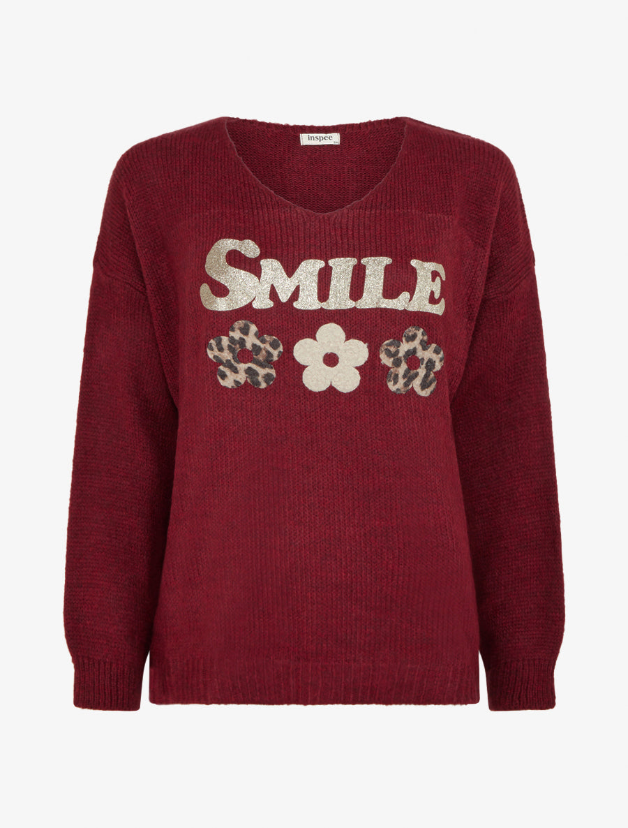 Maglione semplice in maglia con floccatura - Bordeaux