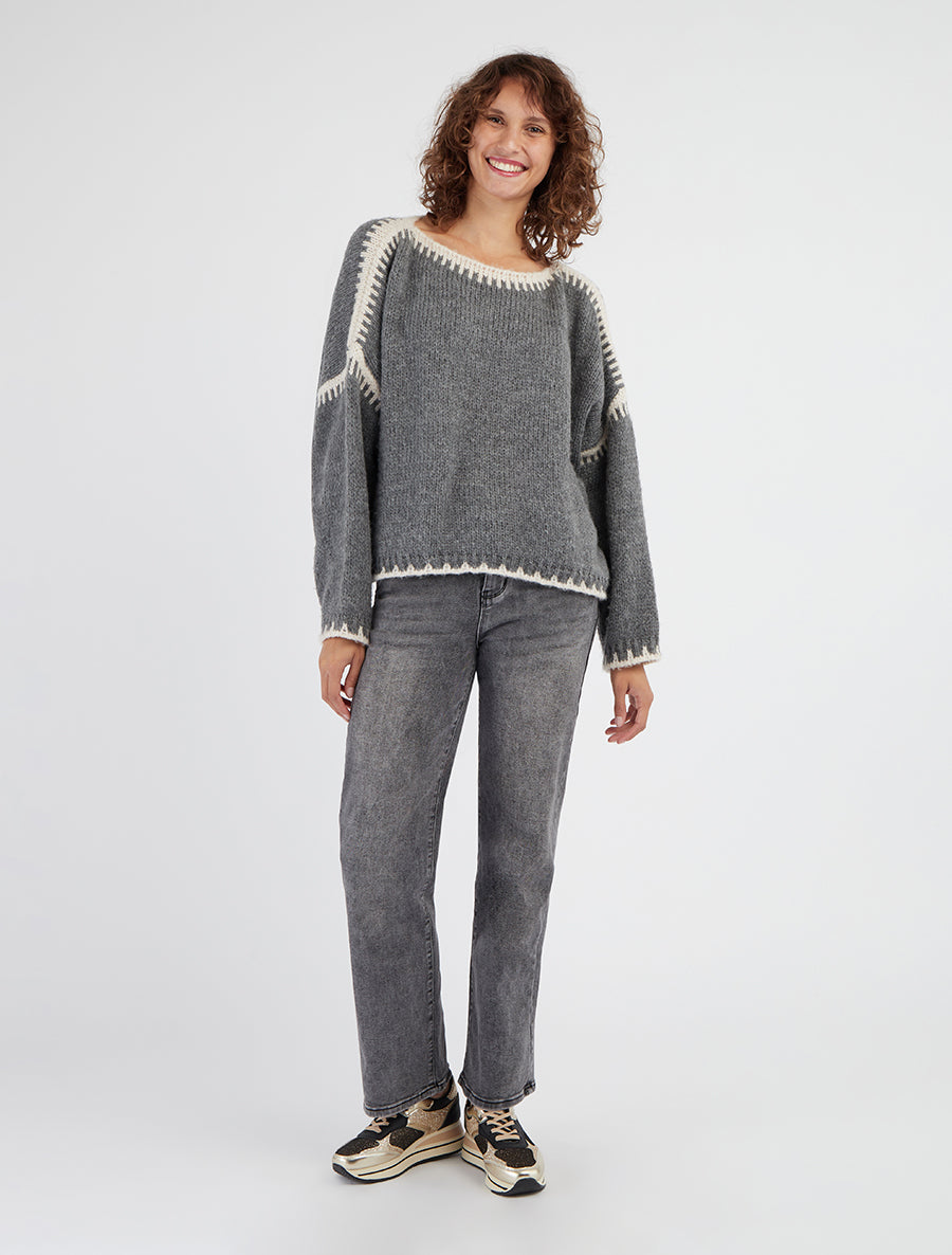 Maglione in maglia unito con bande a contrasto. - Grigio