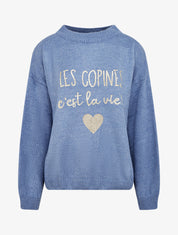 Pull en maille uni à flocage - Bleu - 1
