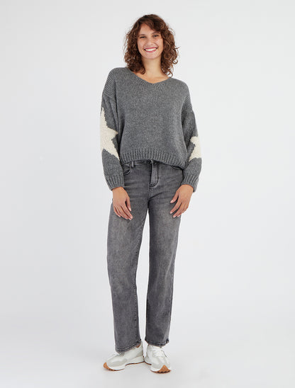 Maglione in maglia tinta unita con motivi a stelle. - Grigio