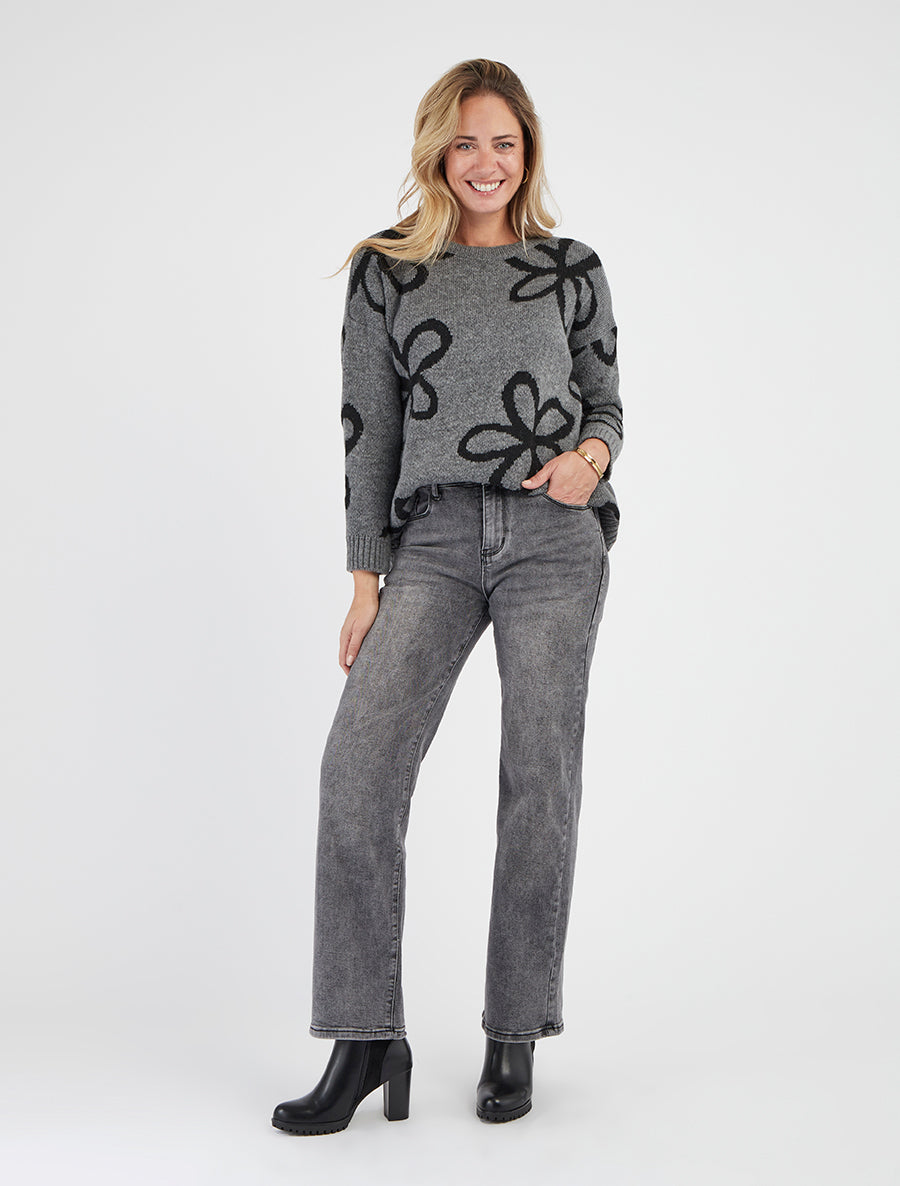 Maglione dritto con stampa floreale - Grigio