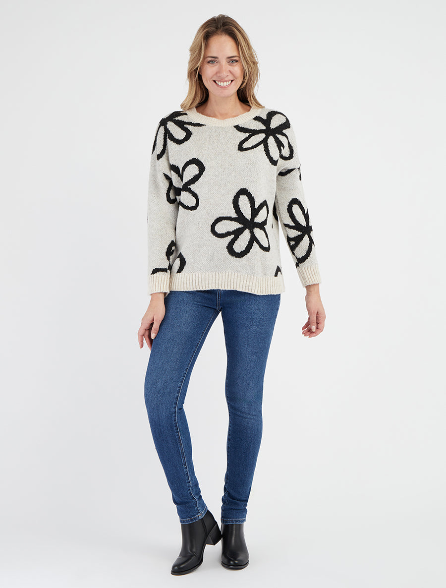 Maglione dritto con stampa floreale - Bianco sporco