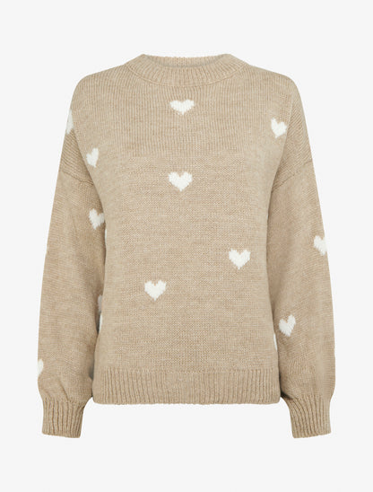Maglione in maglia con motivi a cuori - Beige