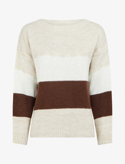 Pull rayé à col rond - Beige - 1