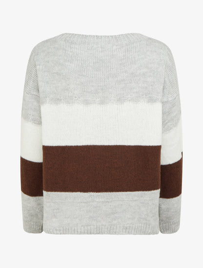 Pull rayé à col rond - Gris - 2