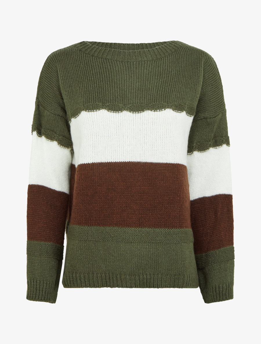 Pull rayé à col rond - Kaki - 1
