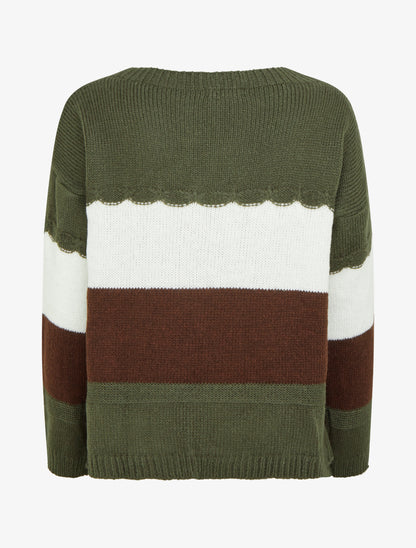 Pull rayé à col rond - Kaki - 2