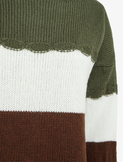 Pull rayé à col rond - Kaki - 3