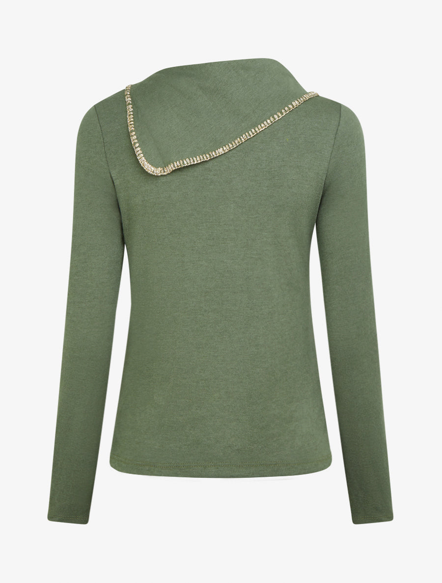 Pull fin à col fantaisie à revers - Kaki - 2