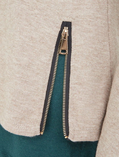 Pull bicolore zippé sur le côté - Taupe/vert sapin - 3