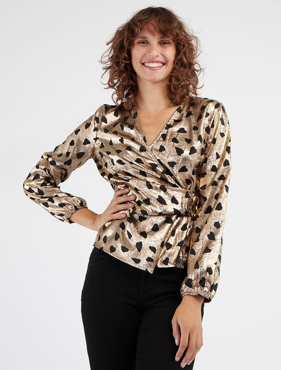 Blusa iridescente elasticizzata con stampa a cuori - Oro