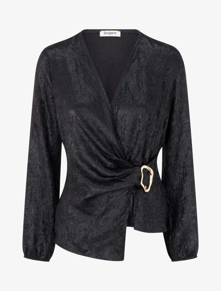 Blouse irisée élastiquée à col cache-coeur - Noir - 1