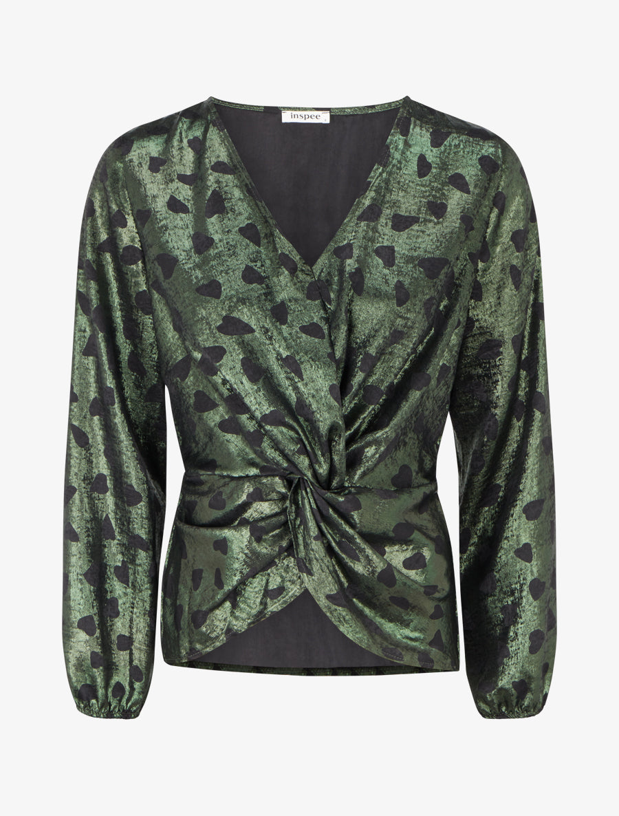 Blouse irisée élastiquée à motifs coeurs - Kaki - 1