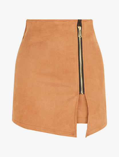 Jupe short zippée en suédine - Camel - 1