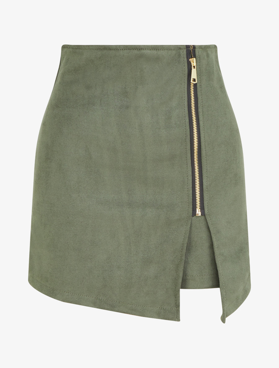 Gonna pantaloncino con zip in camoscio - Cachi