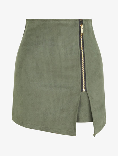 Gonna pantaloncino con zip in camoscio - Cachi