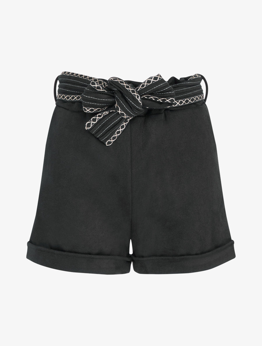 Short en suédine à ceinture brodée - Noir - 1