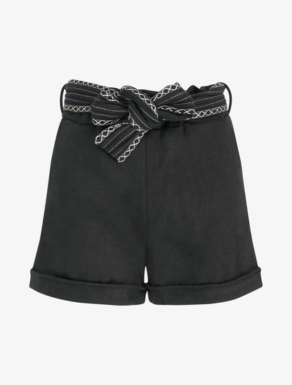 Short en suédine à ceinture brodée - Noir - 1