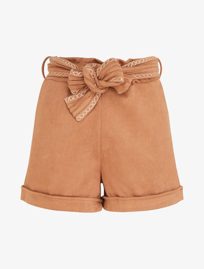 Short en suédine à ceinture brodée - Camel - 1