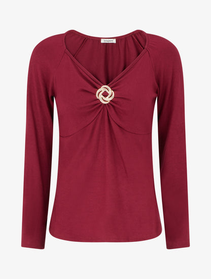 Pull fin uni à empiècement bijou - Bordeaux - 1