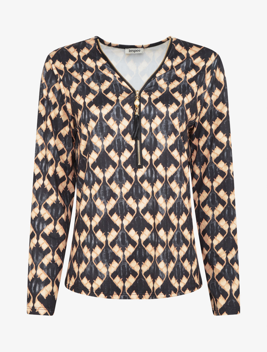 Blouse imprimé fantaisie à col zippée - Noir - 1