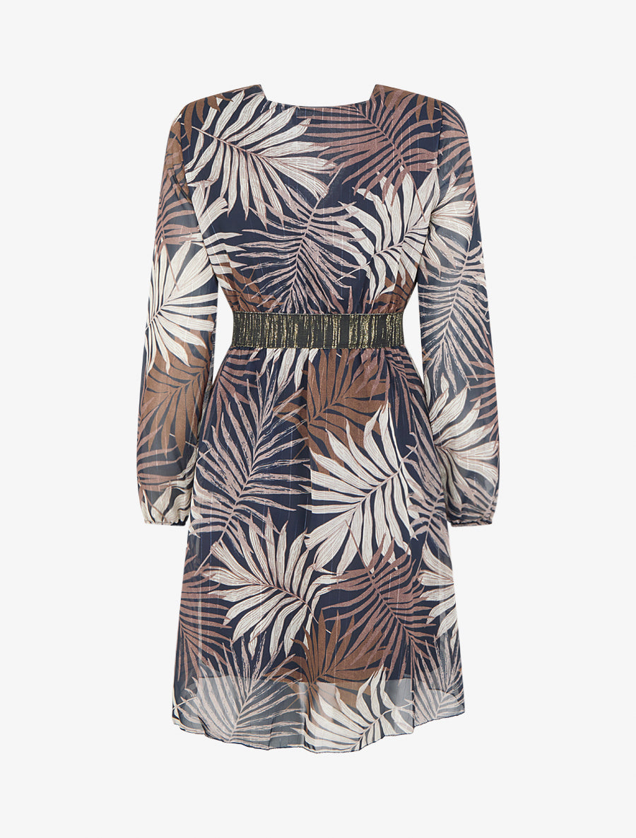 Robe cintrée en voile imprimé feuillage - Marine - 2