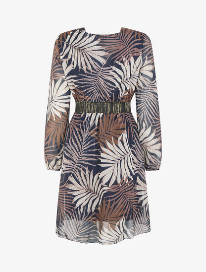 Robe cintrée en voile imprimé feuillage - Marine - 2