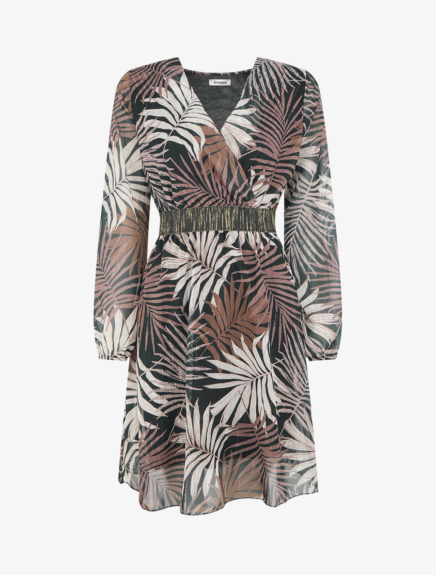 Robe cintrée en voile imprimé feuillage - Noir - 1