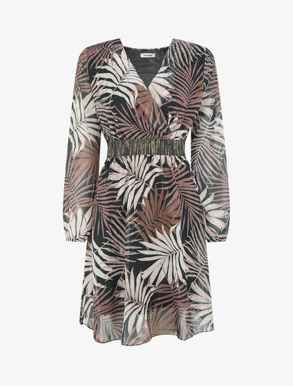 Robe cintrée en voile imprimé feuillage - Noir - 1