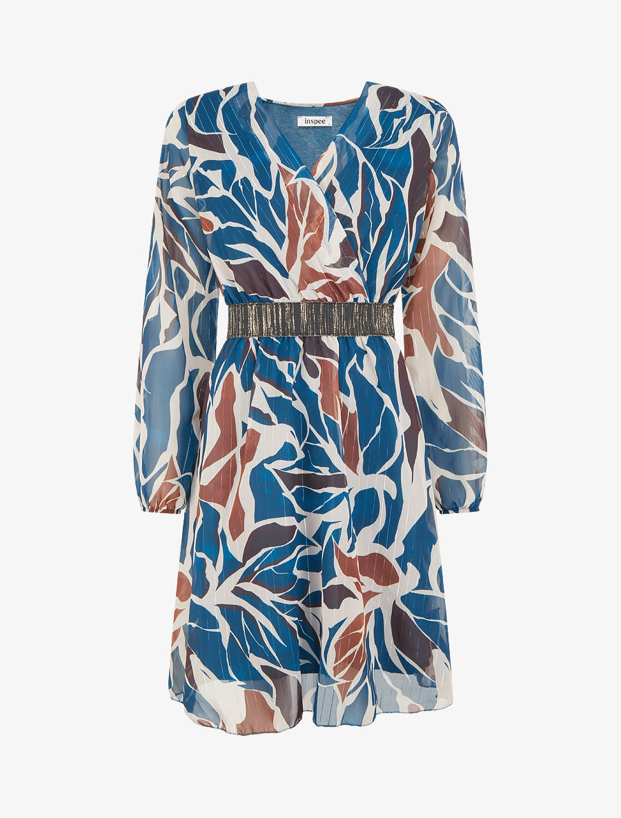 Robe cintrée en voile imprimé abstrait - Bleu lagon - 1