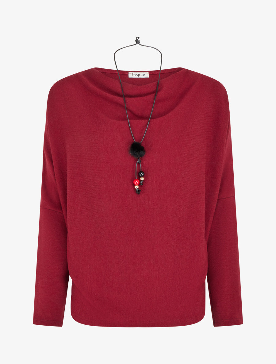 Pull fin uni à col bénitier - Bordeaux - 1