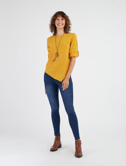 Maglia sottile asimmetrica a maniche lunghe arrotolabili. - Giallo senape