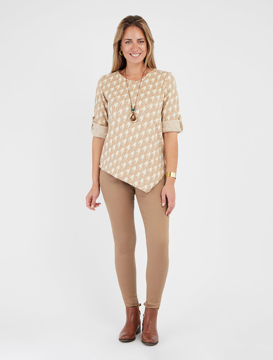 Maglione sottile asimmetrico con stampa pied de poule - Beige