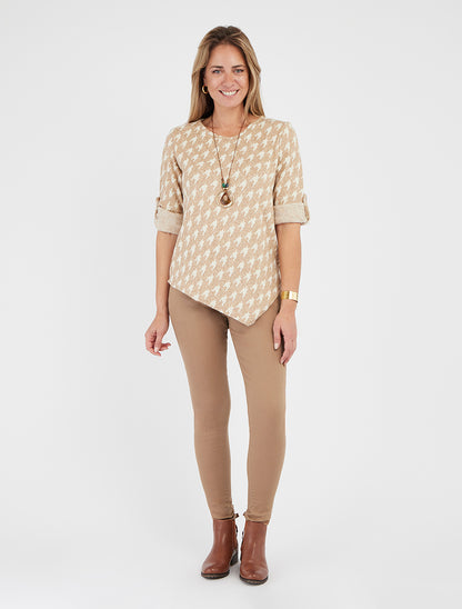 Maglione sottile asimmetrico con stampa pied de poule - Beige