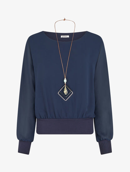 Blouse unie en voile à manches longues - Marine - 1