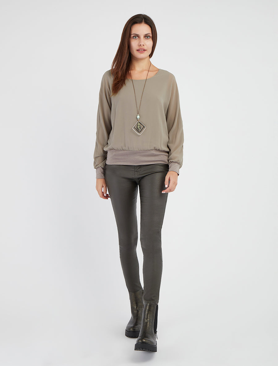 Blusa unita in voile a maniche lunghe - Grigio