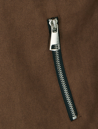 Giacca in camoscio sintetico con tasche decorative con zip - Marrone