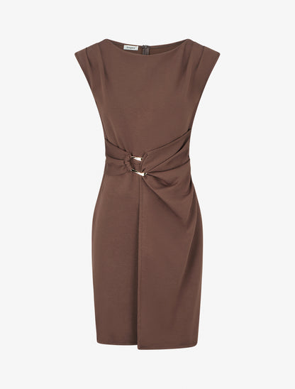 Robe droite unie à empiècement métallique - Marron - 1