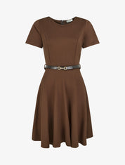 Robe patineuse unie à manches courtes - Marron - 1