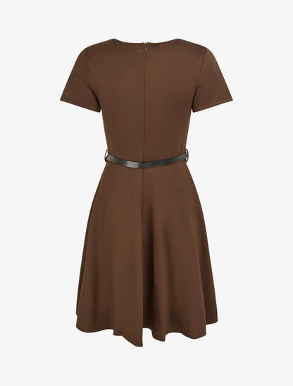Robe patineuse unie à manches courtes - Marron - 2