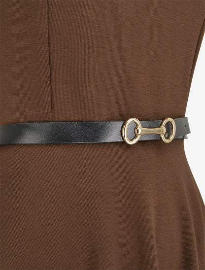 Robe patineuse unie à manches courtes - Marron - 3
