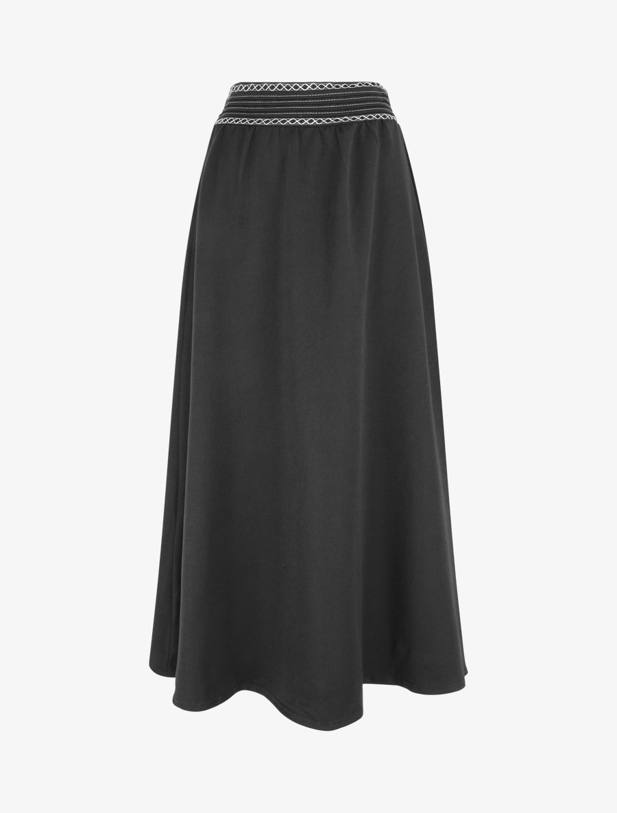 Jupe longue unie à détail brodé - Noir - 1