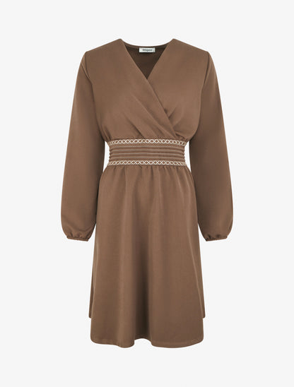 Robe uni cache-coeur à bande stylisée - Chocolat - 1