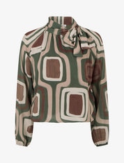 Blouse en voile imprimé rétro à nouer - Kaki - 1