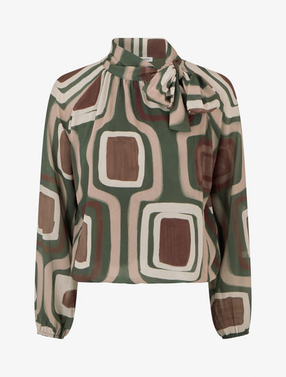 Blouse en voile imprimé rétro à nouer - Kaki - 1