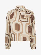 Blouse en voile imprimé rétro à nouer - Beige - 1