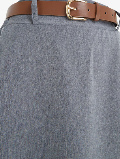 Jupe mi-longue unie ceinturée - Gris - 3