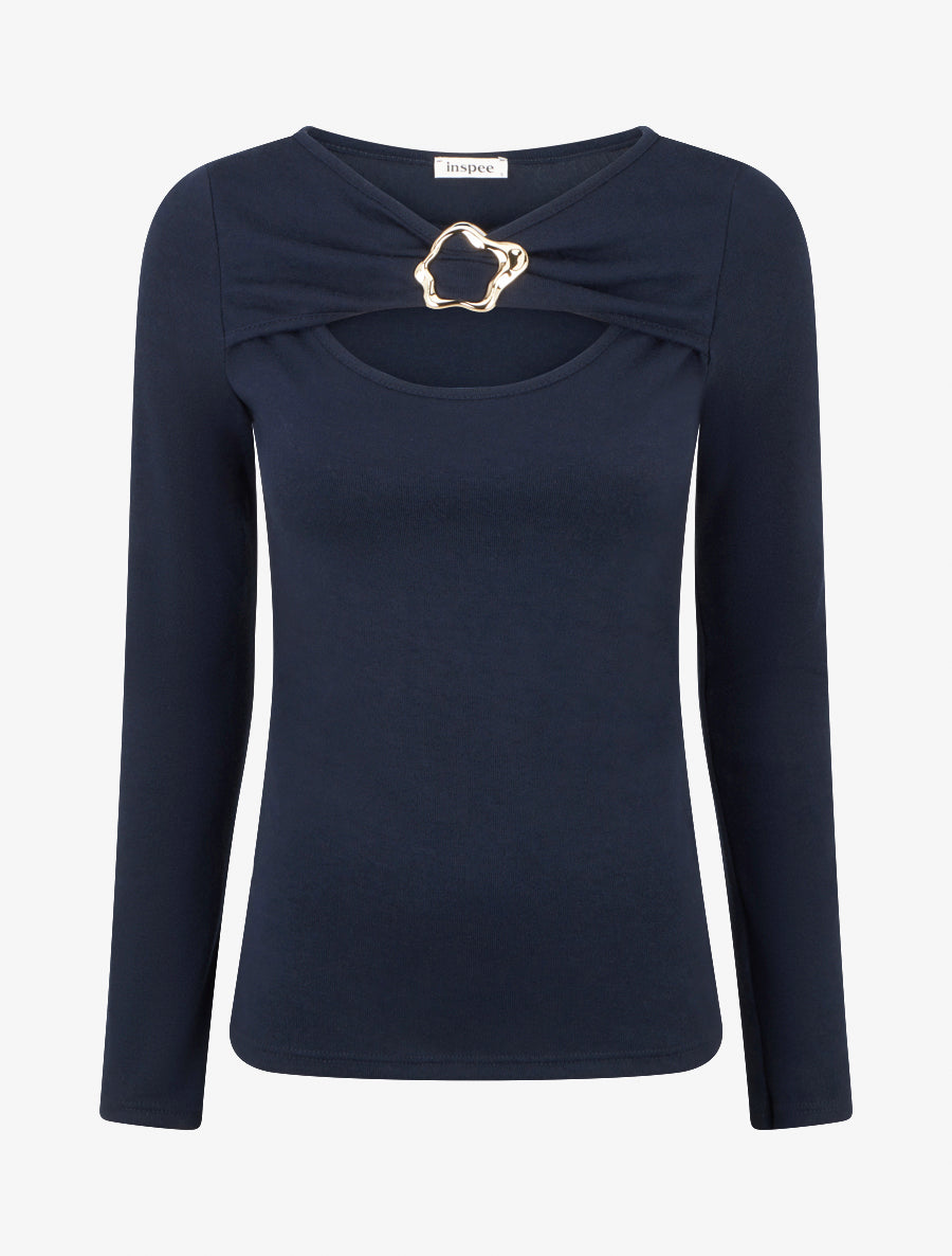 Pull fin à col rond ajouré à boucle - Marine - 1