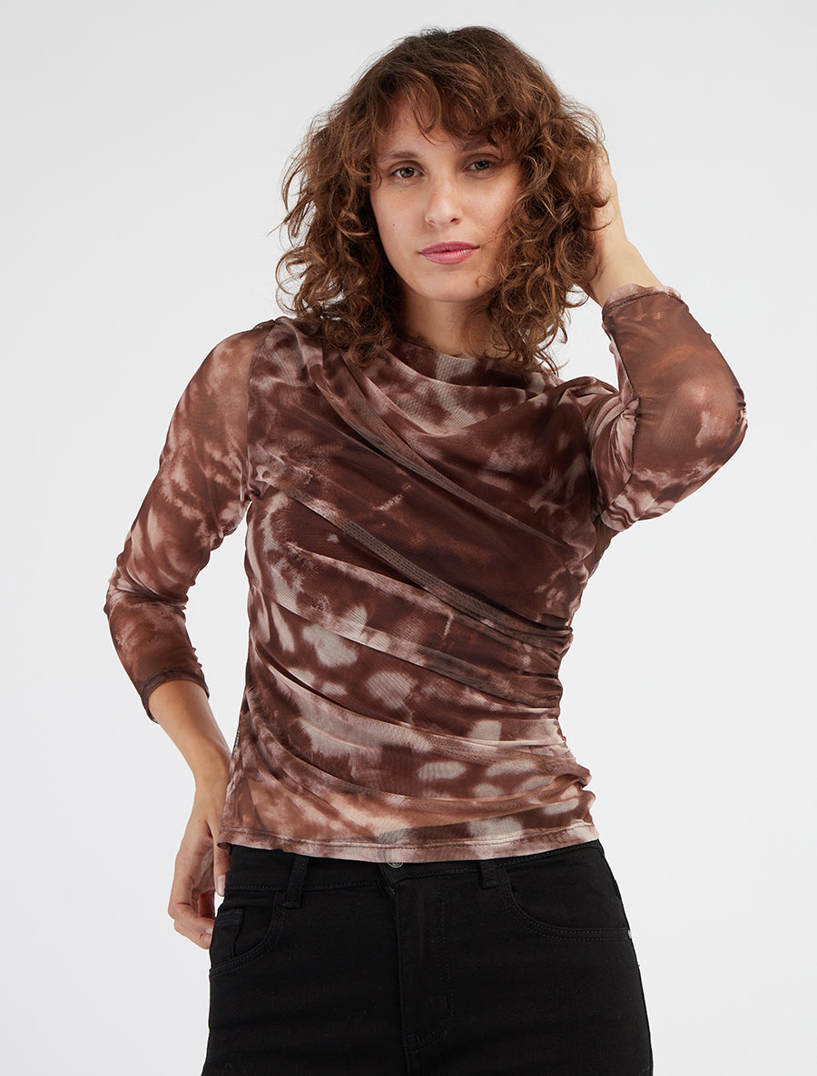 Top in tulle con stampa grafica - Marrone